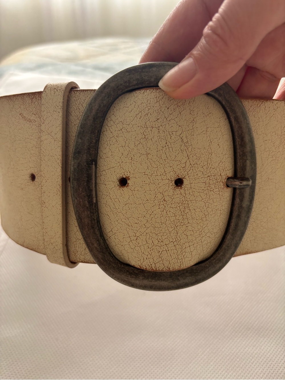 Ba&Sh High Waist Cream Leather Belt with cracked vintage texture